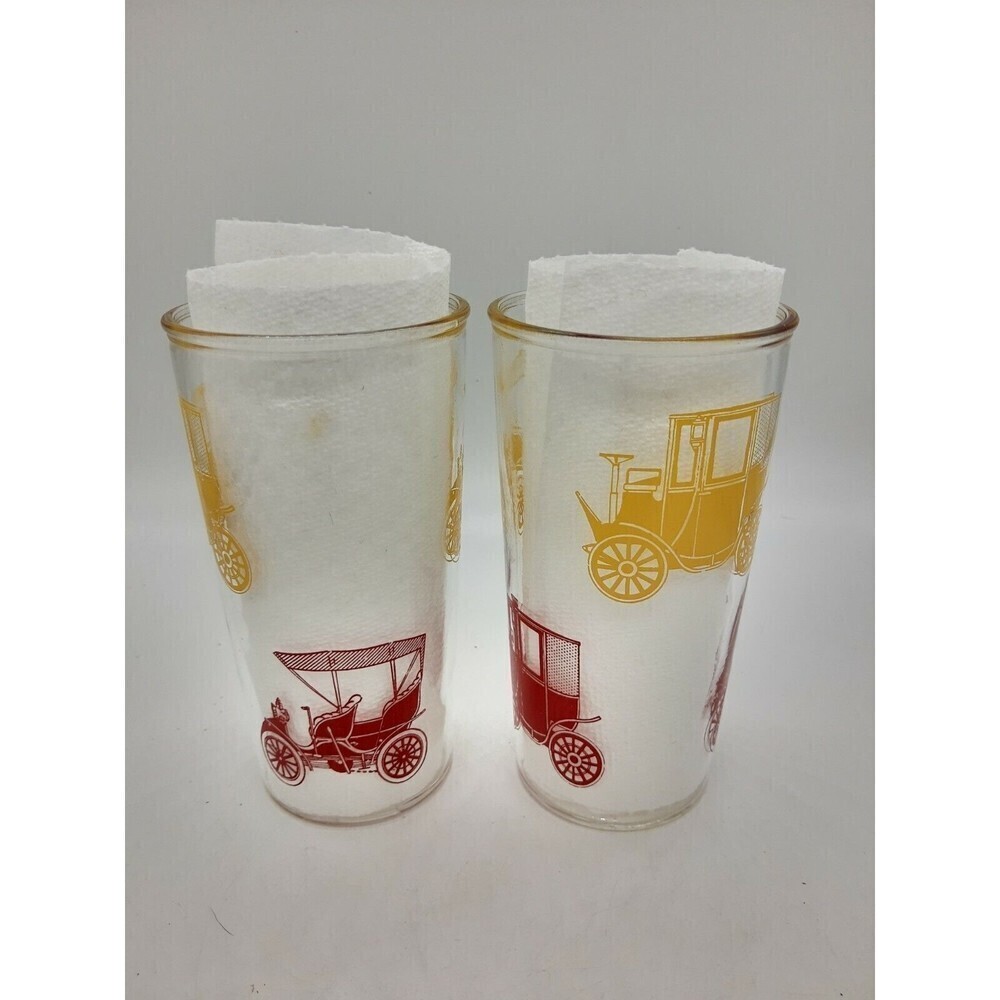 Broadway Vintage Drinking Glass W/Red & Yellow Antique Cars 5.75"T x 3"Dia